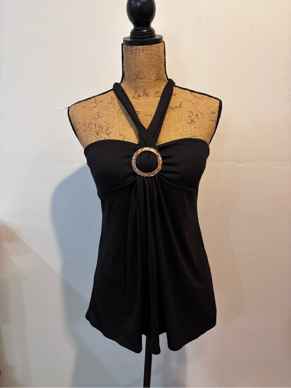 Y2K 2000s soft Kiwi Black Halter-Style Camisole with Decorative Ring